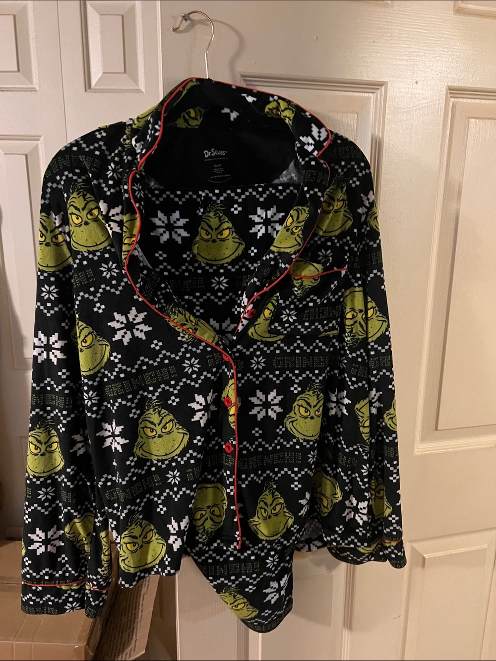 Dr. Seuss Black Pajama Top with Green Grinch Faces and Red Piping
